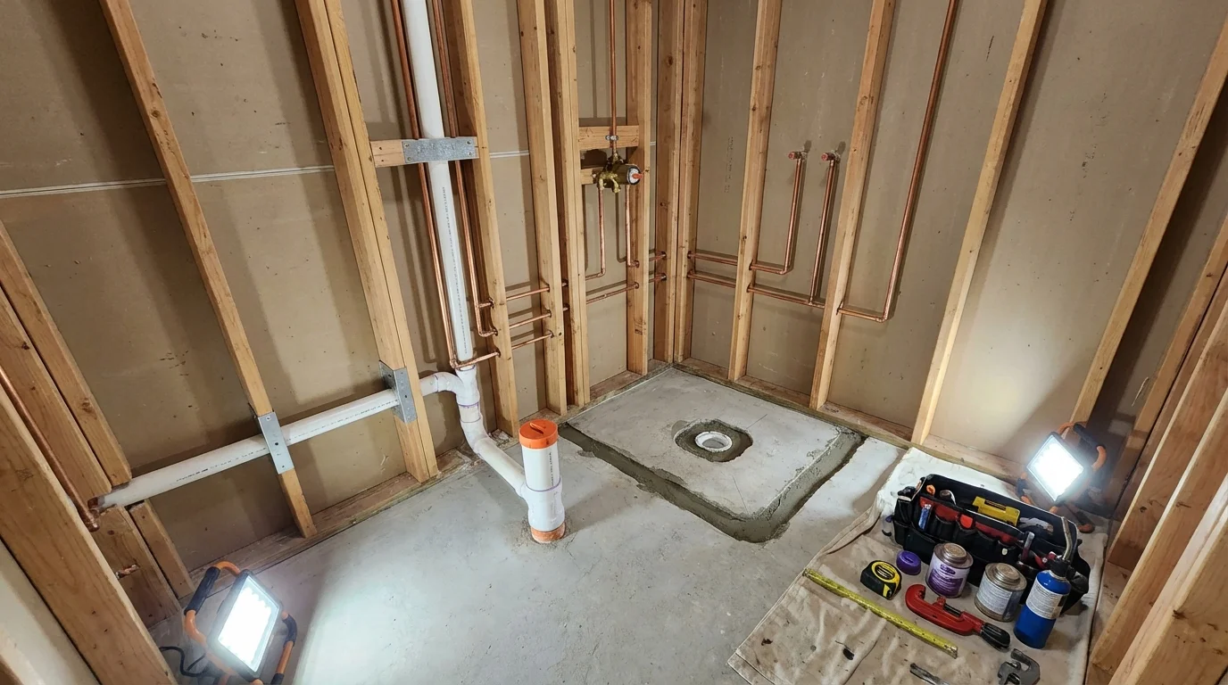 Bathroom rough-in plumbing during remodel by Johns Plumbing LLC in Osprey