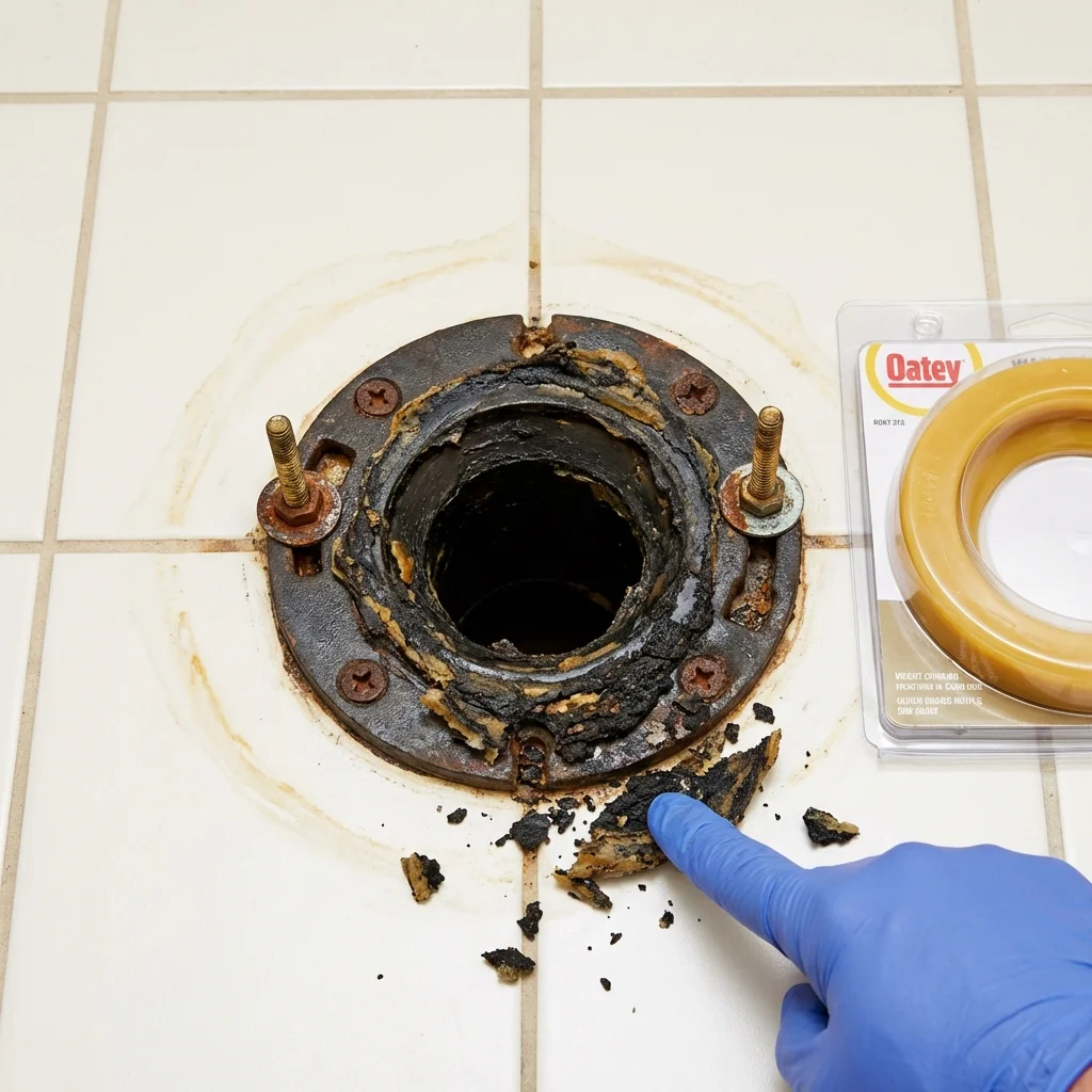 Failed wax ring showing water seepage at the base of a toilet in a Osprey, FL home