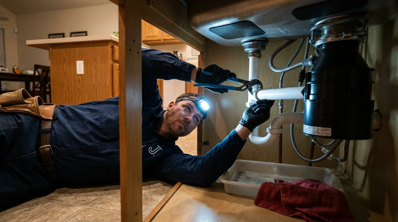 P-trap and supply line connections under a kitchen sink showing a common leak point in Osprey, FL